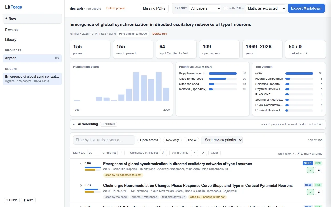 LitForge results screen: a ranked list of papers with scores, filters and charts.